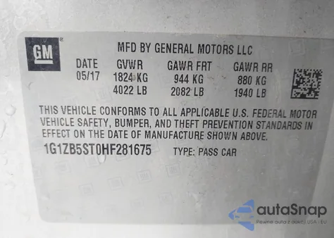 2017 Chevrolet Malibu Ls z USA, uszkodzony, nr VIN 1G1ZB5ST0HF281675